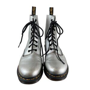 Dr. Martens Pascal Silver Leather Combat Moto Lace-Up Ankle Boots Womens Size 10